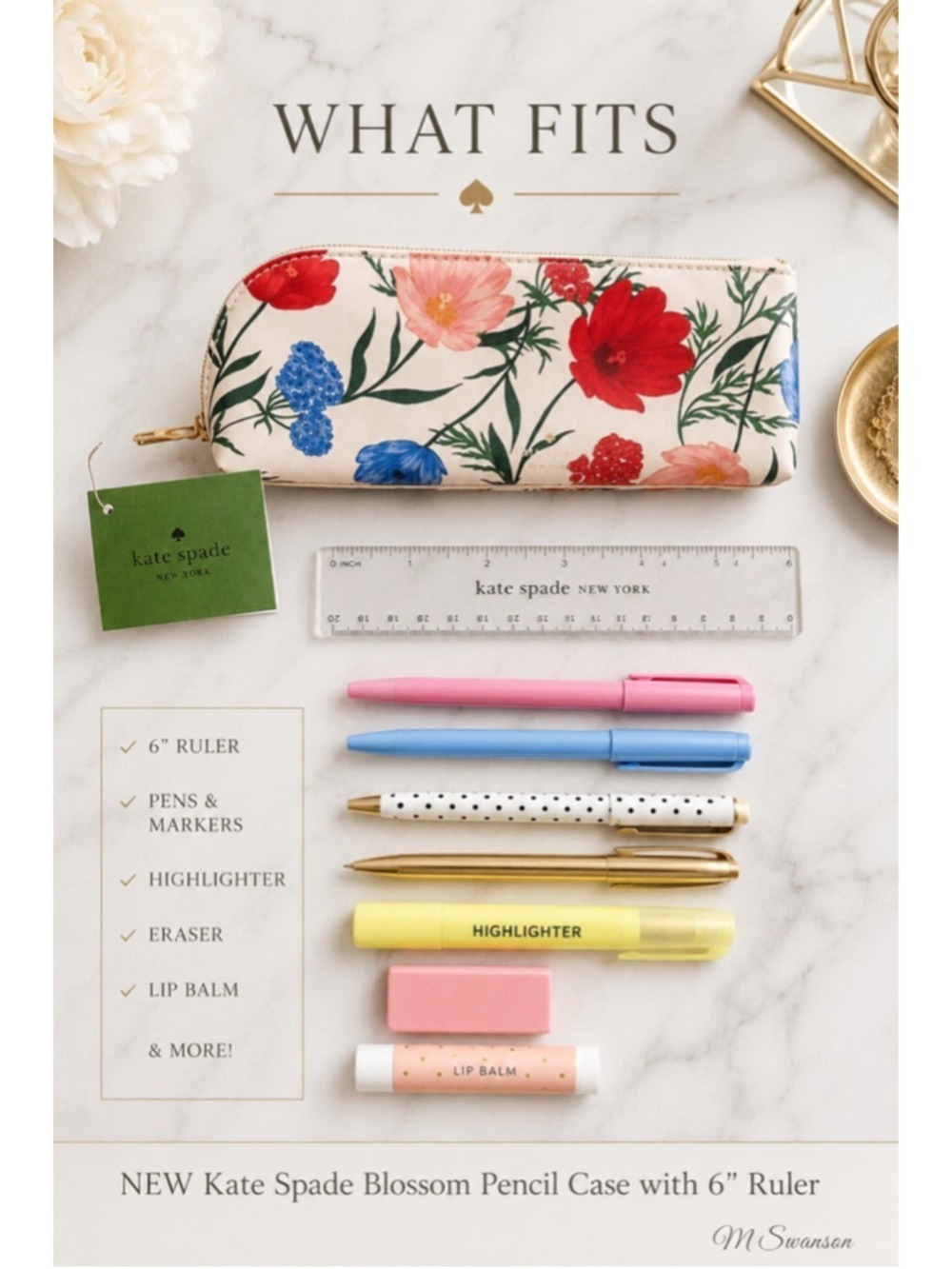 NEW Kate Spade New York Blossom Pencil Case with 6” Ruler NWT - Picture 5 of 8